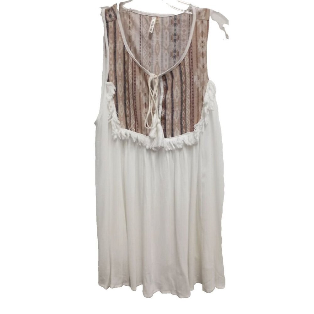 Mittoshop Womens Sleeveless BOHO Tunic Top Medium White Aztec Fringe ‎ Peasant